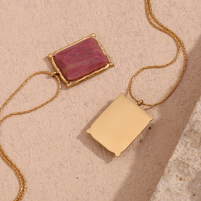 Elegant gold necklace featuring a vibrant square natural gemstone pendant, available in rose pink and aqua green