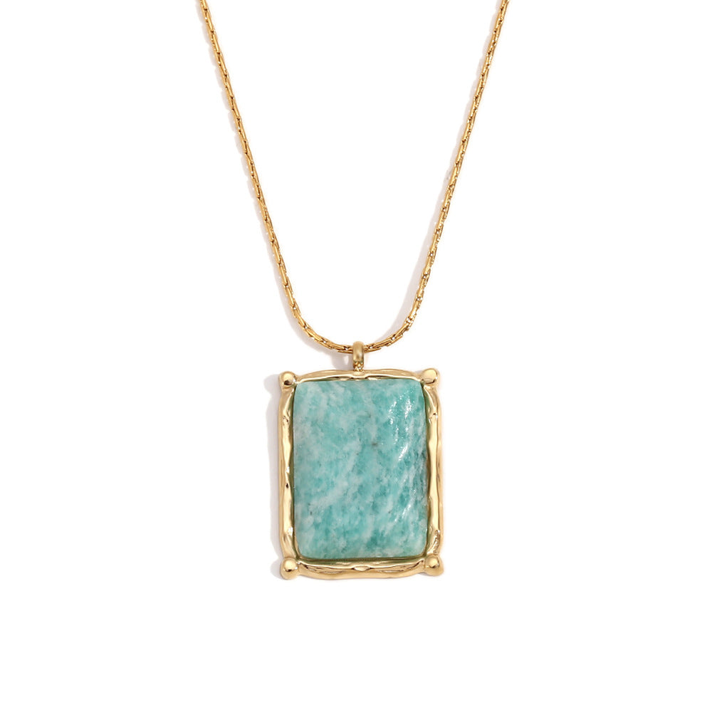 Elegant gold necklace featuring a vibrant square natural gemstone pendant, available in rose pink and aqua green