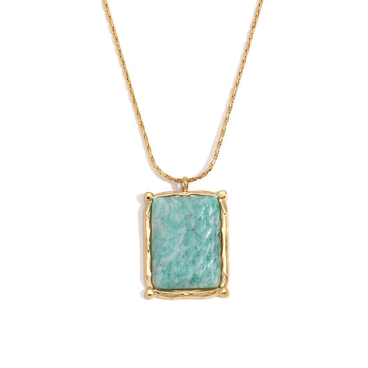 Elegant gold necklace featuring a vibrant square natural gemstone pendant, available in rose pink and aqua green