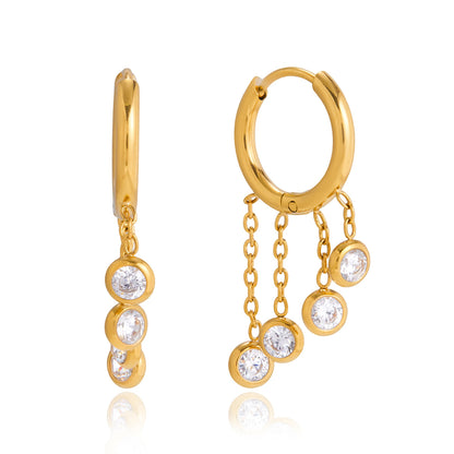 Gold stainless steel chunky hoop earrings featuring three rows of sparkling clear zirconia stones
