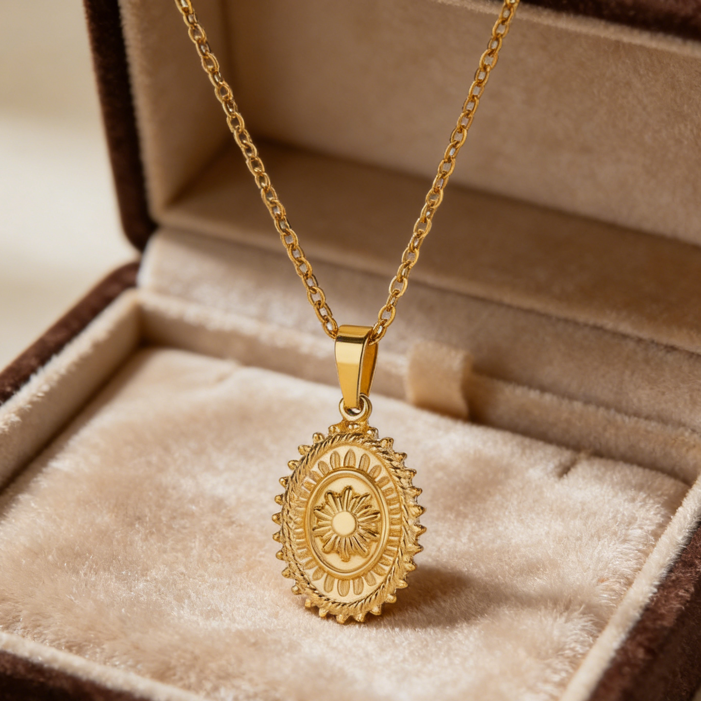 Radiant gold sun medallion pendant necklace featuring a bold sunburst design on a delicate chain for a vintage celestial look