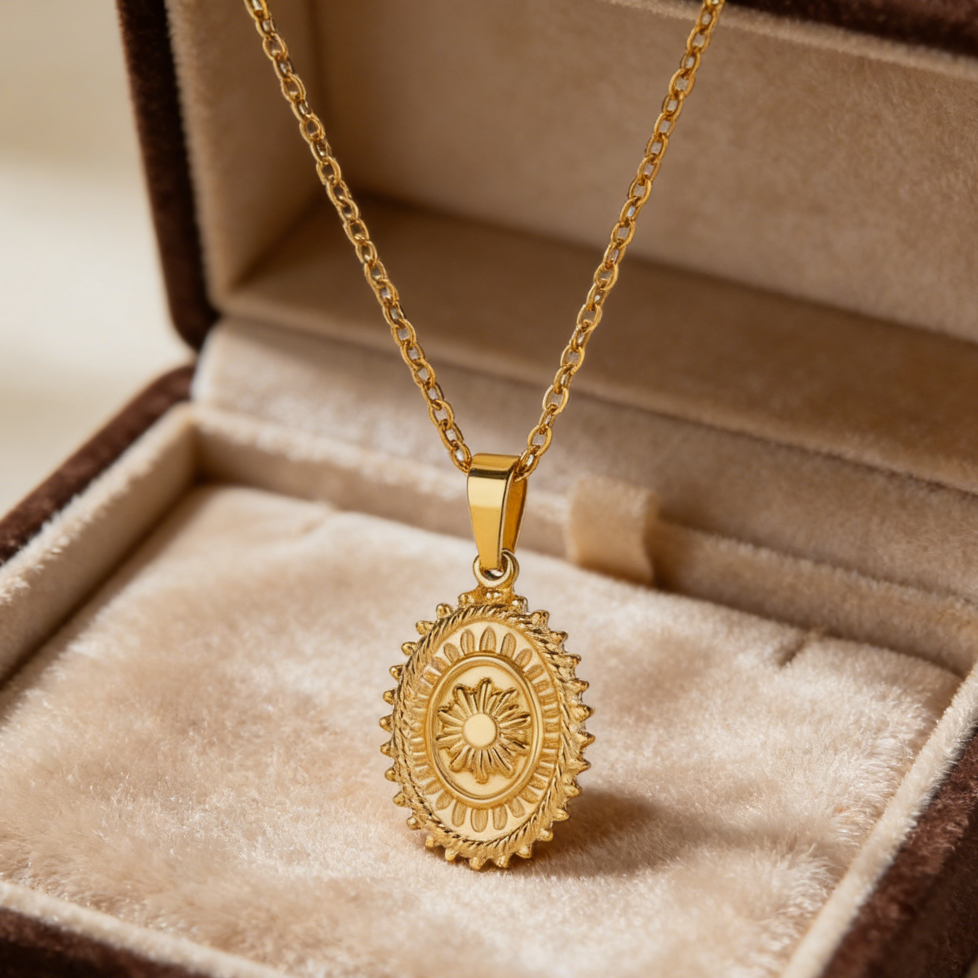 Radiant gold sun medallion pendant necklace featuring a bold sunburst design on a delicate chain for a vintage celestial look