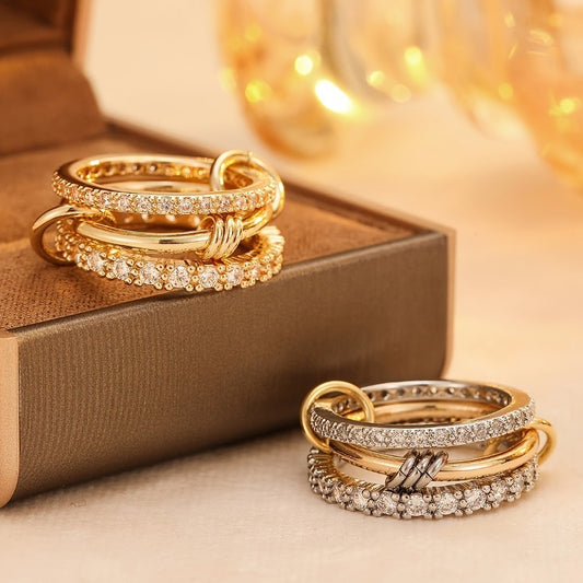 Chic Gold Triple Layered Open Ring featuring a Middle Band of Sparkling Zircon Pavé in a Modern Stackable Design