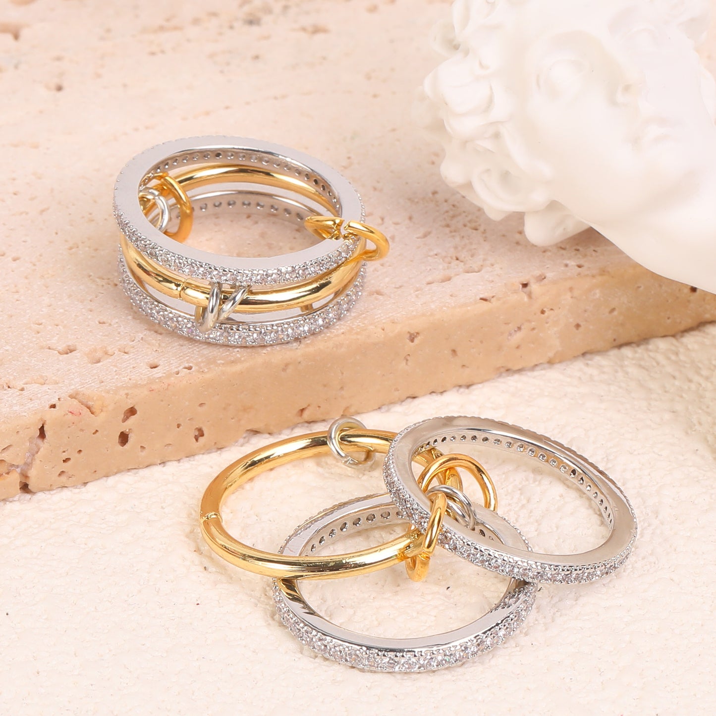 Chic Gold Triple Layered Open Ring featuring a Middle Band of Sparkling Zircon Pavé in a Modern Stackable Design