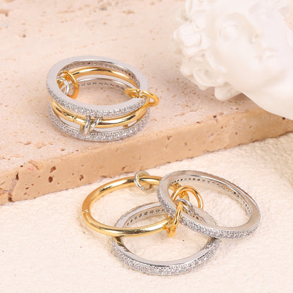 Chic Gold Triple Layered Open Ring featuring a Middle Band of Sparkling Zircon Pavé in a Modern Stackable Design