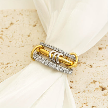 Chic Gold Triple Layered Open Ring featuring a Middle Band of Sparkling Zircon Pavé in a Modern Stackable Design