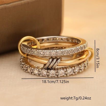 Chic Gold Triple Layered Open Ring featuring a Middle Band of Sparkling Zircon Pavé in a Modern Stackable Design