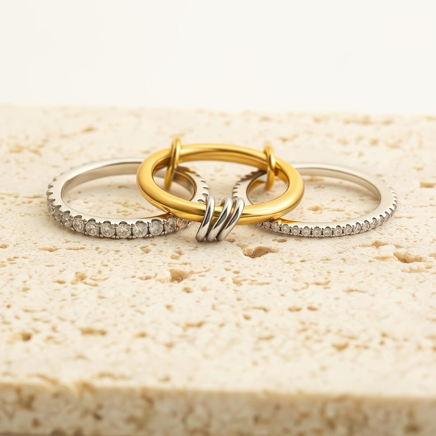 Chic Gold Triple Layered Open Ring featuring a Middle Band of Sparkling Zircon Pavé in a Modern Stackable Design