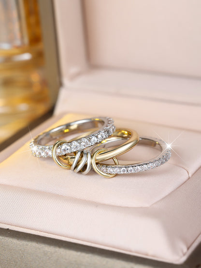 Chic Gold Triple Layered Open Ring featuring a Middle Band of Sparkling Zircon Pavé in a Modern Stackable Design