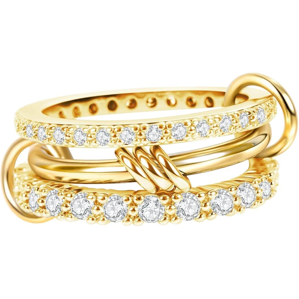 Chic Gold Triple Layered Open Ring featuring a Middle Band of Sparkling Zircon Pavé in a Modern Stackable Design