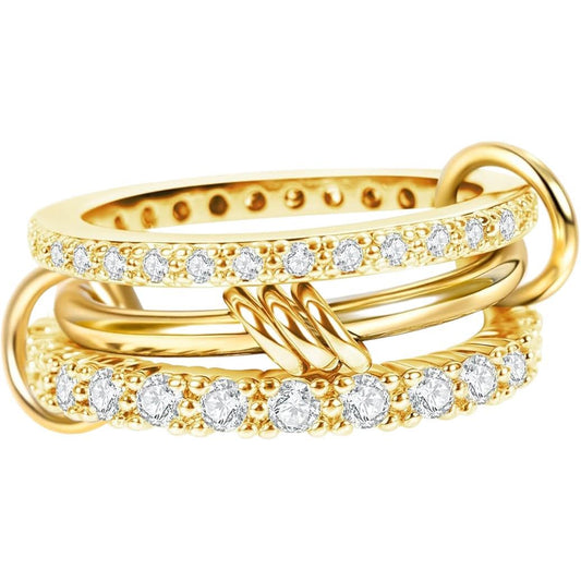 Chic Gold Triple Layered Open Ring featuring a Middle Band of Sparkling Zircon Pavé in a Modern Stackable Design