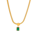 Emerald cut green cubic zirconia cz crystal bezel pendant on flat herringbone snake chain necklace stainless steel jewelry in waterproof 18k gold plated finish.