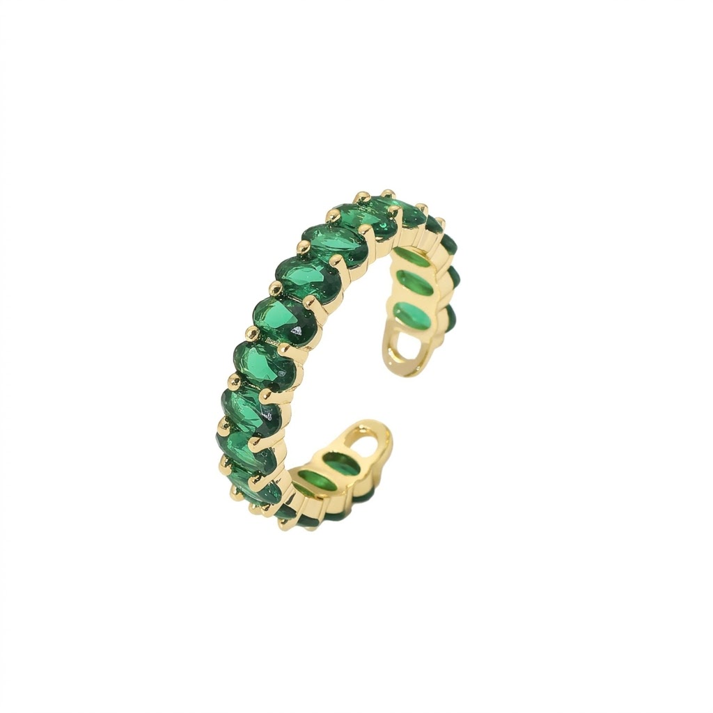 Oval emerald green cubic zirconia cz crystal eternity band open cuff adjustable ring stainless steel jewelry in waterproof 18k gold plated finish.