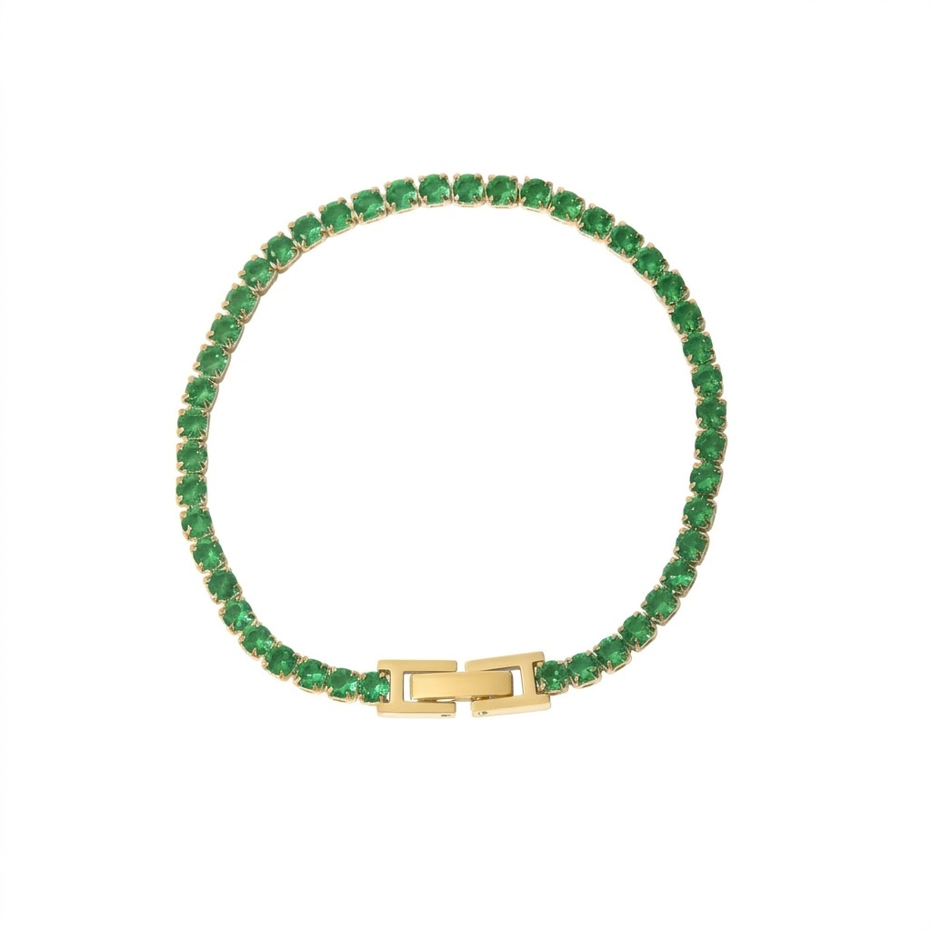 Round emerald green cubic zirconia cz crystal tennis chain bracelet stainless steel jewelry in waterproof 18k gold plated finish.