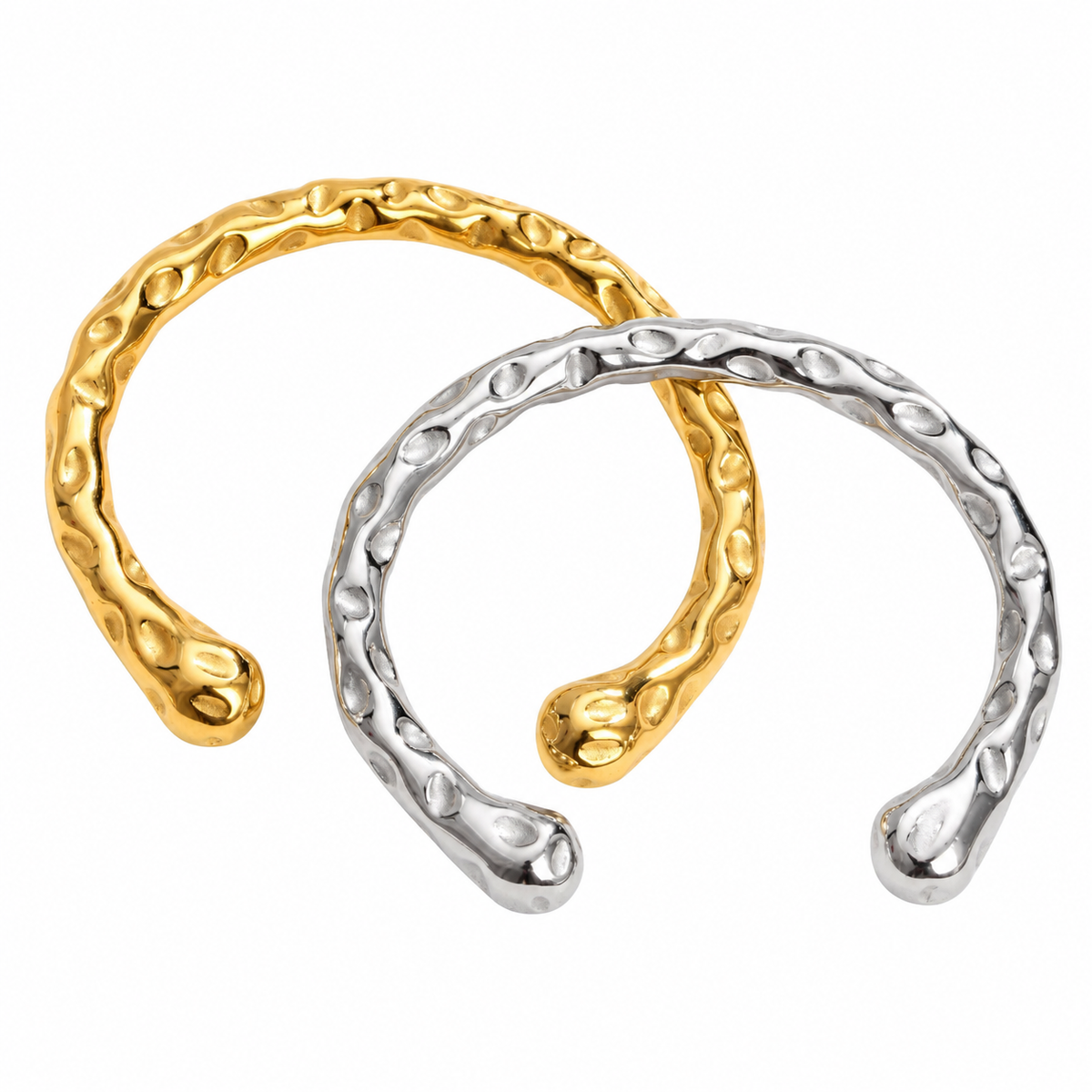 Organic hammered texture open cuff bangle in waterproof 18k gold plated stainless steel jewelry.