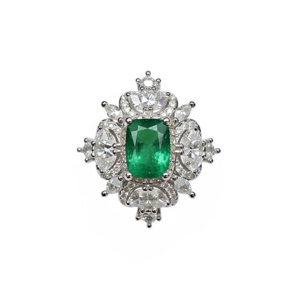 Peacock Green Crackle Stone Flower Ring – Pavé Zircon Halo Open Band