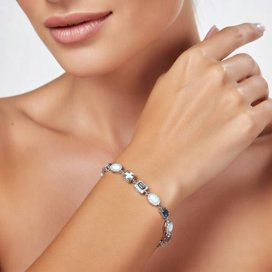 6mm Blue Multi-Gemstone Halo Bracelet in Silver & Gold