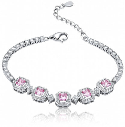Pink Cushion Cut CZ Halo Tennis Bracelet