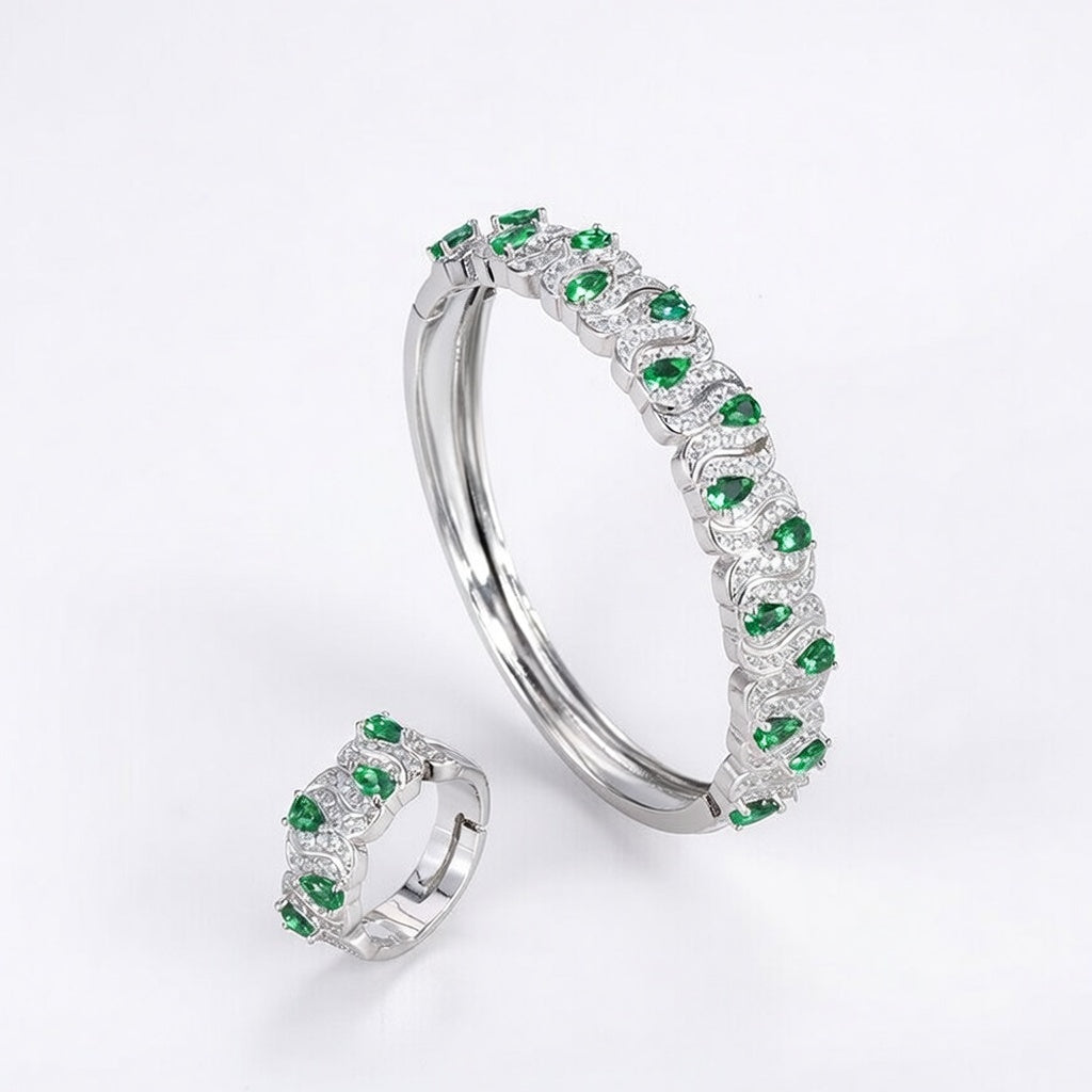 Emerald Green Gemstone Halo Bangle & Ring Set – Timeless Elegance