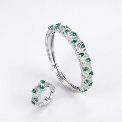 Emerald Green Gemstone Halo Bangle & Ring Set – Timeless Elegance