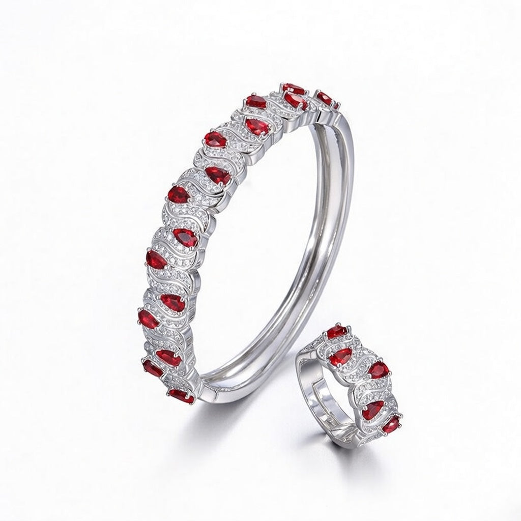 Emerald Green Gemstone Halo Bangle & Ring Set – Timeless Elegance