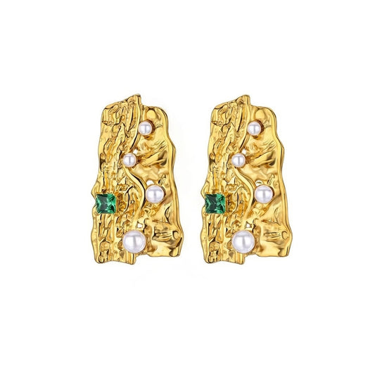 Hammered Irregular Pearl Stud Earrings – Unique Green Zircon Artistic Statement Earrings