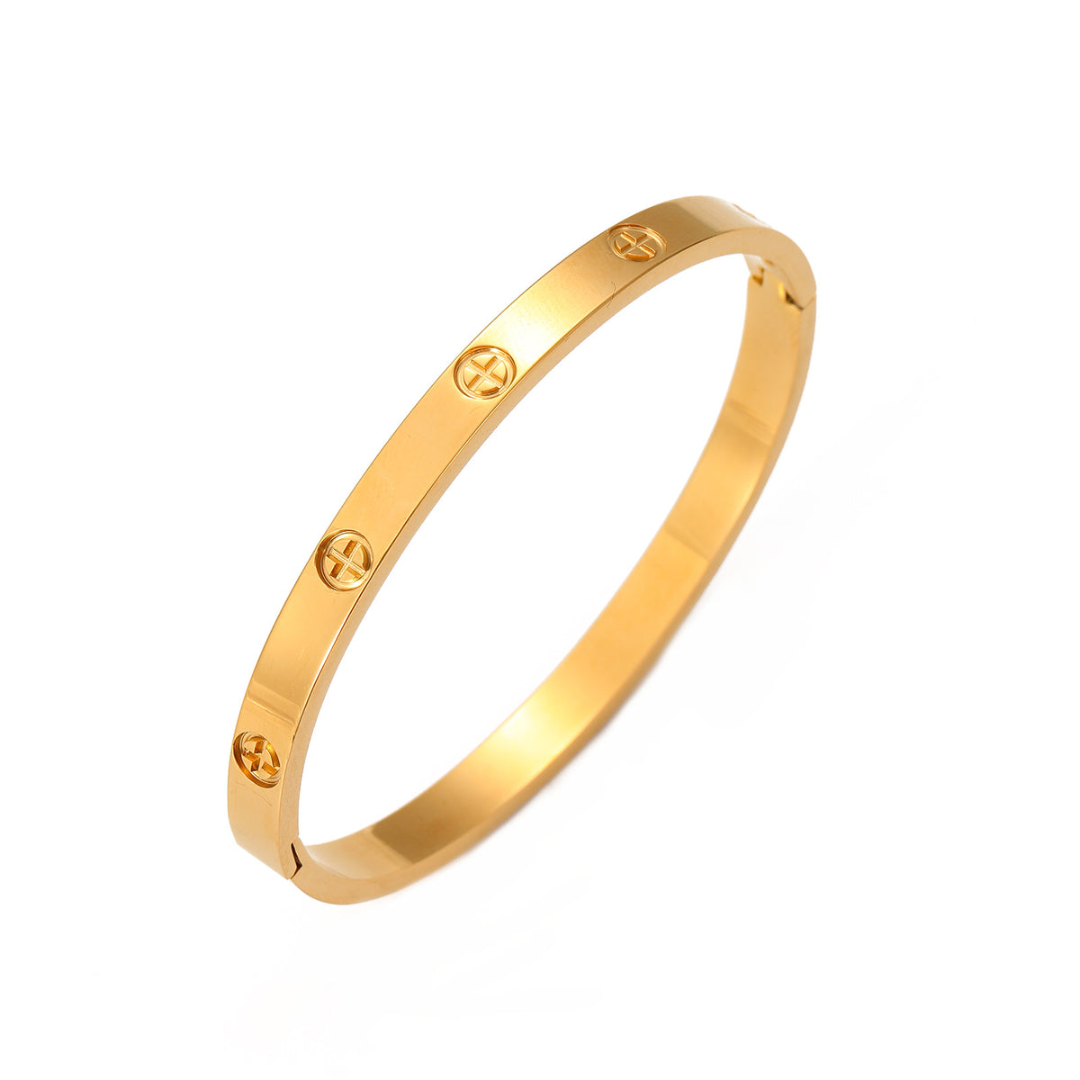 Classic engraved screw motif hinged cuff bangle in waterproof 18k gold plated stainless steel jewelry.