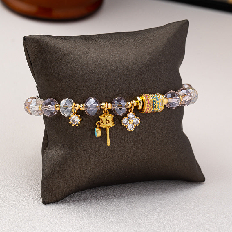 Faceted lavender crystal beaded charm Stainless steel jewelry bracelet with colorful enamel cylinder bead and CZ paved four-leaf clover charm