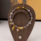 Faceted lavender crystal beaded charm Stainless steel jewelry bracelet with colorful enamel cylinder bead and  paved four-leaf clover charm