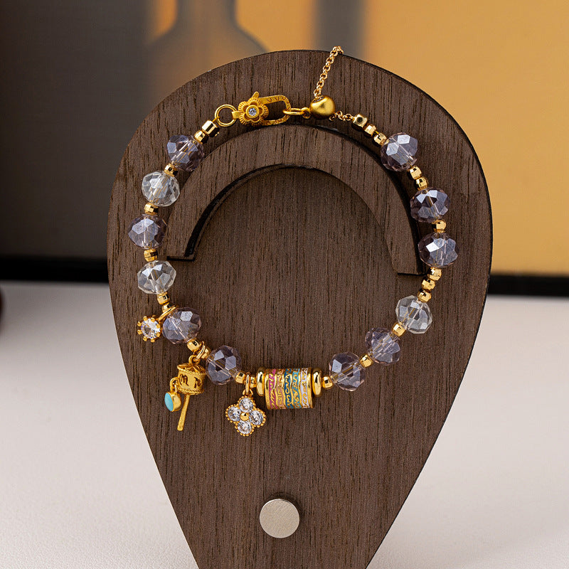 Faceted lavender crystal beaded charm Stainless steel jewelry bracelet with colorful enamel cylinder bead and  paved four-leaf clover charm