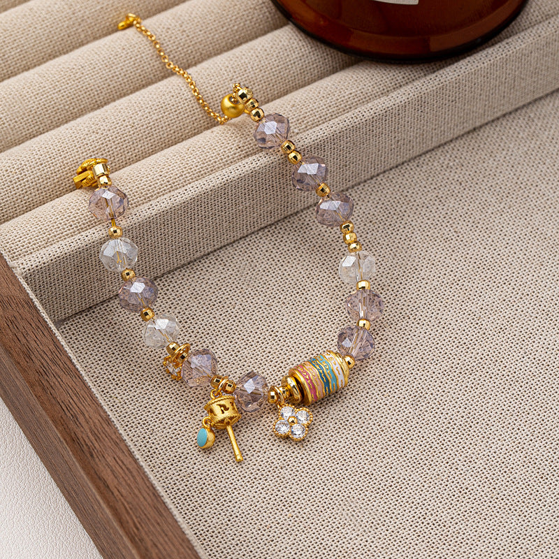 Faceted lavender crystal beaded charm Stainless steel jewelry bracelet with colorful enamel cylinder bead and CZ paved four-leaf clover charm