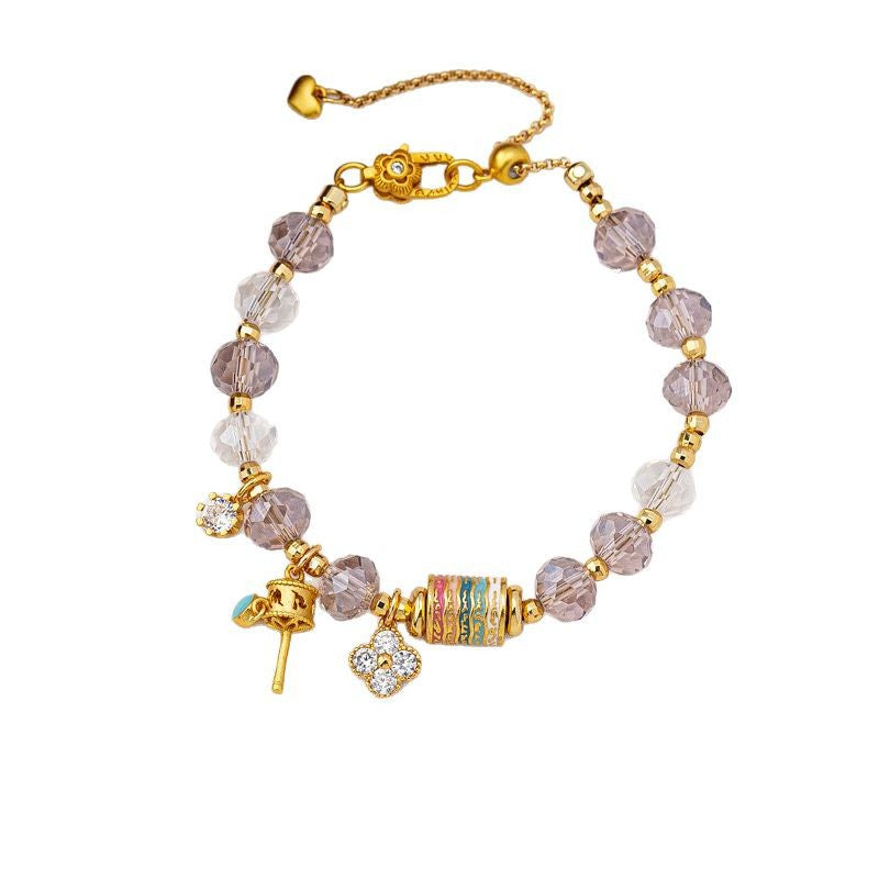 Faceted lavender crystal beaded charm Stainless steel jewelry bracelet with colorful enamel cylinder bead and CZ paved four-leaf clover charm