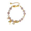 Faceted lavender crystal beaded charm Stainless steel jewelry bracelet with colorful enamel cylinder bead and CZ paved four-leaf clover charm