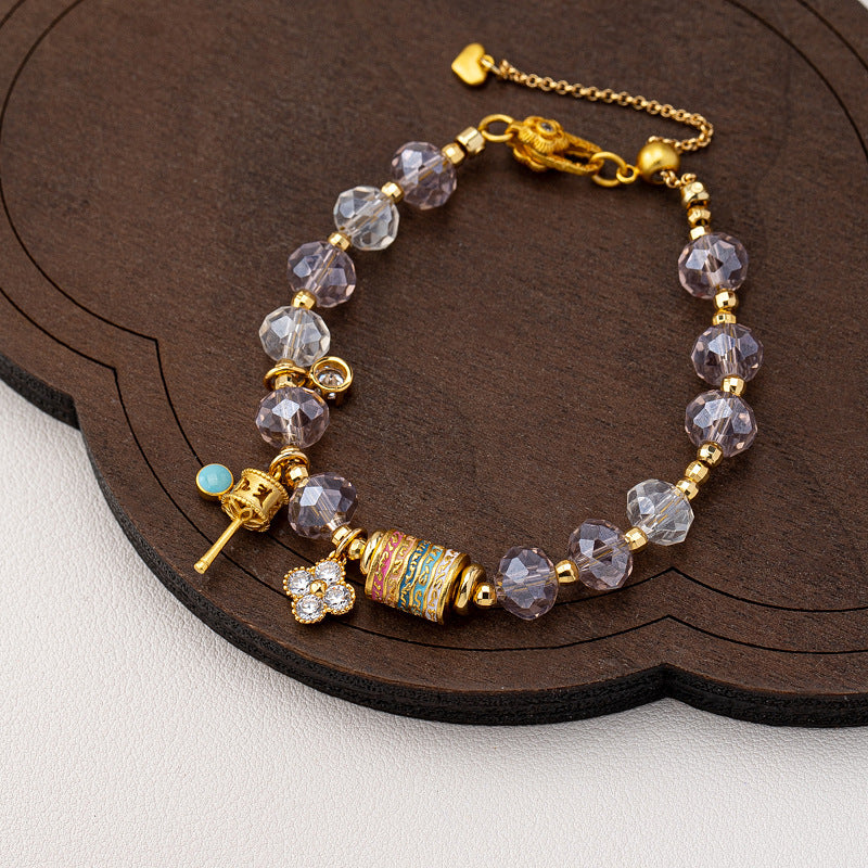 Faceted lavender crystal beaded charm Stainless steel jewelry bracelet with colorful enamel cylinder bead and CZ paved four-leaf clover charm