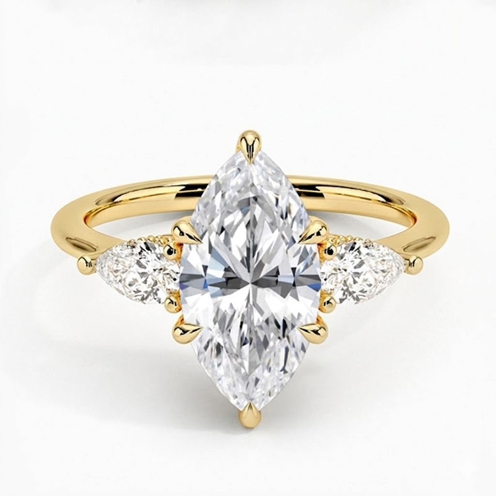 Marquise cut moissanite three-stone engagement ring with pear-shaped side stones in 18K gold plated S925 sterling silver
