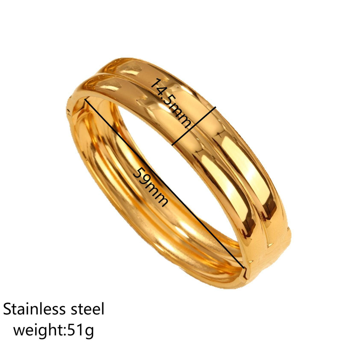 Minimalist double-layer polished band hinged cuff bangle in waterproof 18k gold plated stainless steel jewelry.