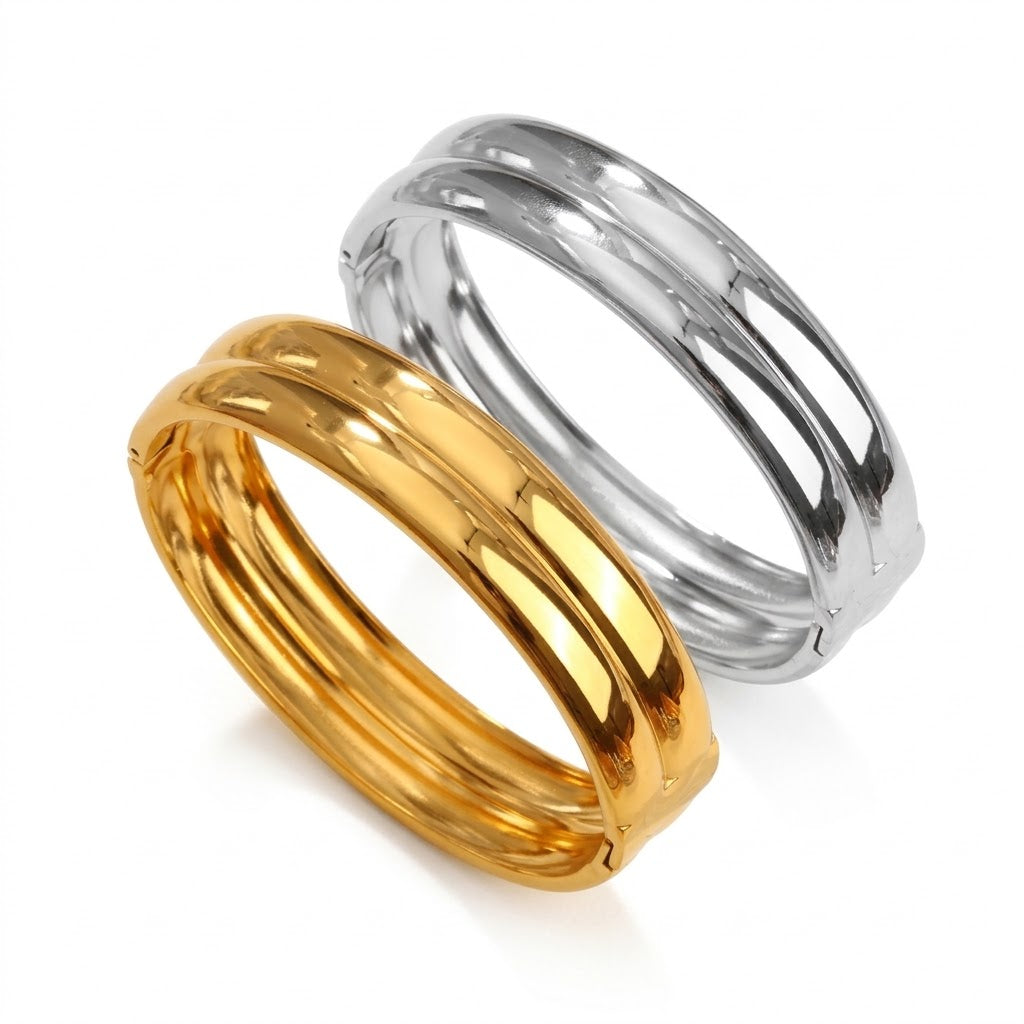 Minimalist double-layer polished band hinged cuff bangle in waterproof 18k gold plated stainless steel jewelry.