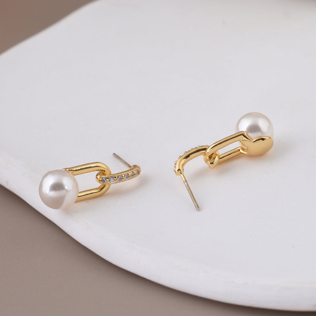 Minimalist S925 silver drop earrings with 18K gold plating, sparkling zircon, and a dangling white pearl