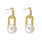 Minimalist S925 silver drop earrings with 18K gold plating, sparkling zircon, and a dangling white pearl