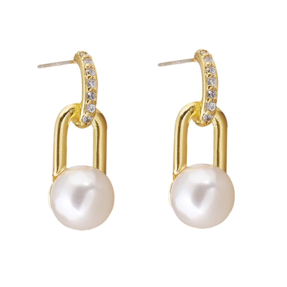 Minimalist S925 silver drop earrings with 18K gold plating, sparkling zircon, and a dangling white pearl