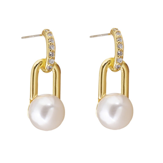 Minimalist S925 silver drop earrings with 18K gold plating, sparkling zircon, and a dangling white pearl