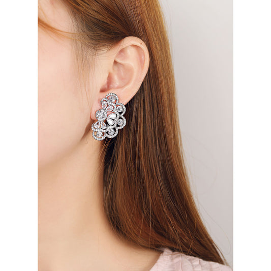 Monet Garden twin flower drop earrings in S925 silver with zircon butterfly studs and 18K white gold plating