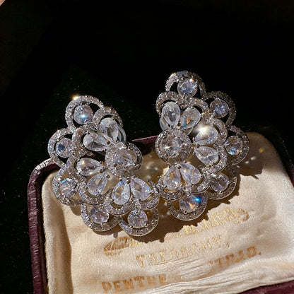 Monet Garden twin flower drop earrings in S925 silver with zircon butterfly studs and 18K white gold plating