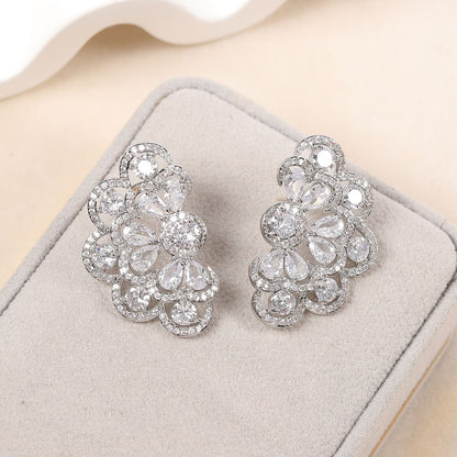 Monet Garden twin flower drop earrings in S925 silver with zircon butterfly studs and 18K white gold plating