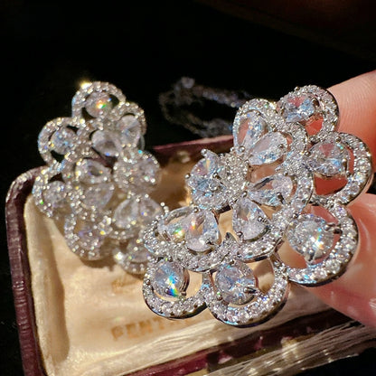 Monet Garden twin flower drop earrings in S925 silver with zircon butterfly studs and 18K white gold plating