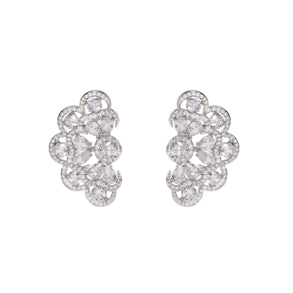 Monet Garden twin flower drop earrings in S925 silver with zircon butterfly studs and 18K white gold plating