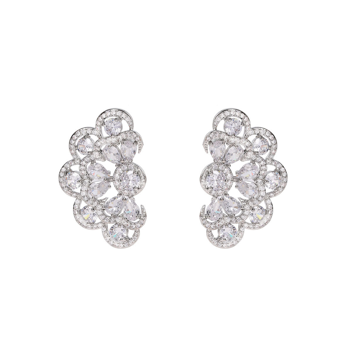 Monet Garden twin flower drop earrings in S925 silver with zircon butterfly studs and 18K white gold plating