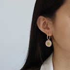 Mother of pearl round disc drop Stainless steel jewelry earrings with gold starburst motif inlaid with turquoise natural stone center