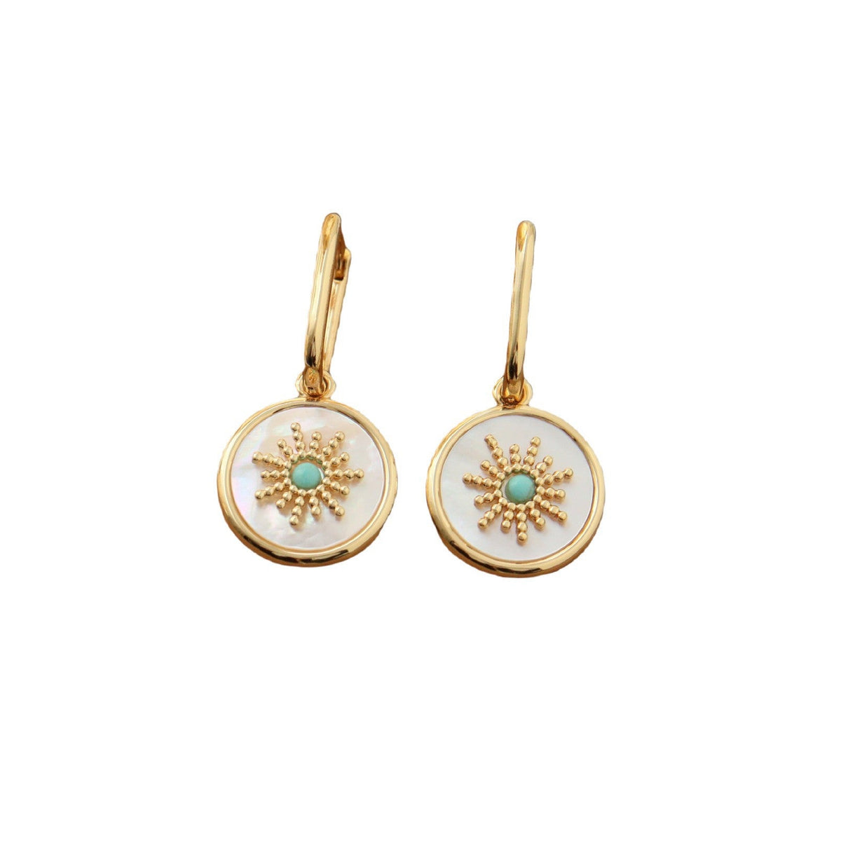 Mother of pearl round disc drop Stainless steel jewelry earrings with gold starburst motif inlaid with turquoise natural stone center