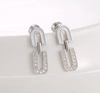 Mother of pearl and sparkling cubic zirconia U-shaped interlocking link stud drop earrings in 18k gold plated jewelry